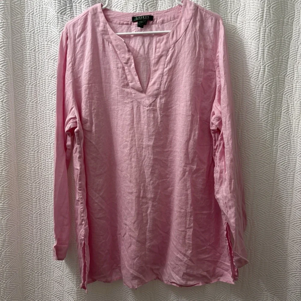 Lauren Ralph Lauren Women's Pink 100% Linen Quiet Luxury 1X Top Blouse - Picture 1 of 6